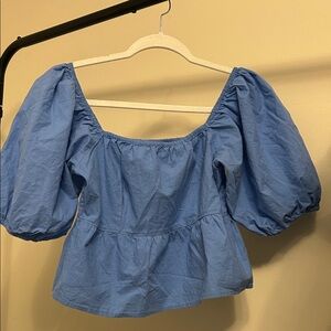 Light Blue Puff-Sleeve Off Shoulder Peplum Blouse